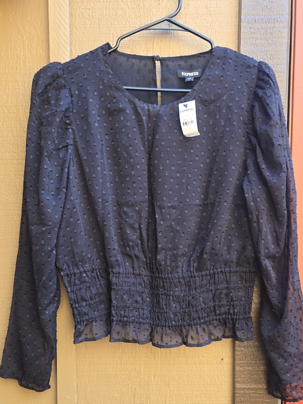 Express Black Dotted Smocked-Waist Long Sleeve Blouse